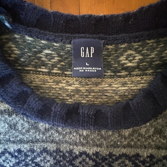 Vintage Men’s Gap Fair Isle Blue Gray Nordic Crew Neck Sweater Size Large 90s L - Picture 7 of 8